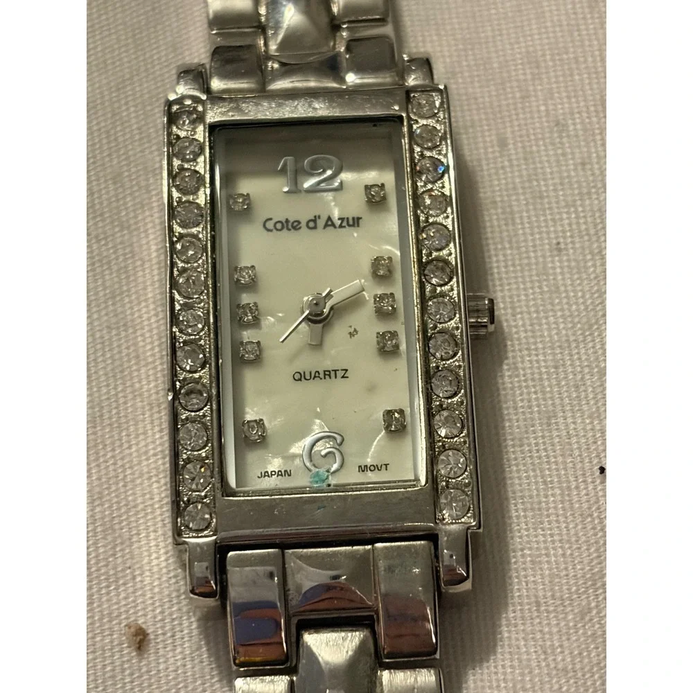 Cote d'Azur Silver‎ Tone Rhinestone Bezel Quartz Japan Movt Women's  Tank Watch